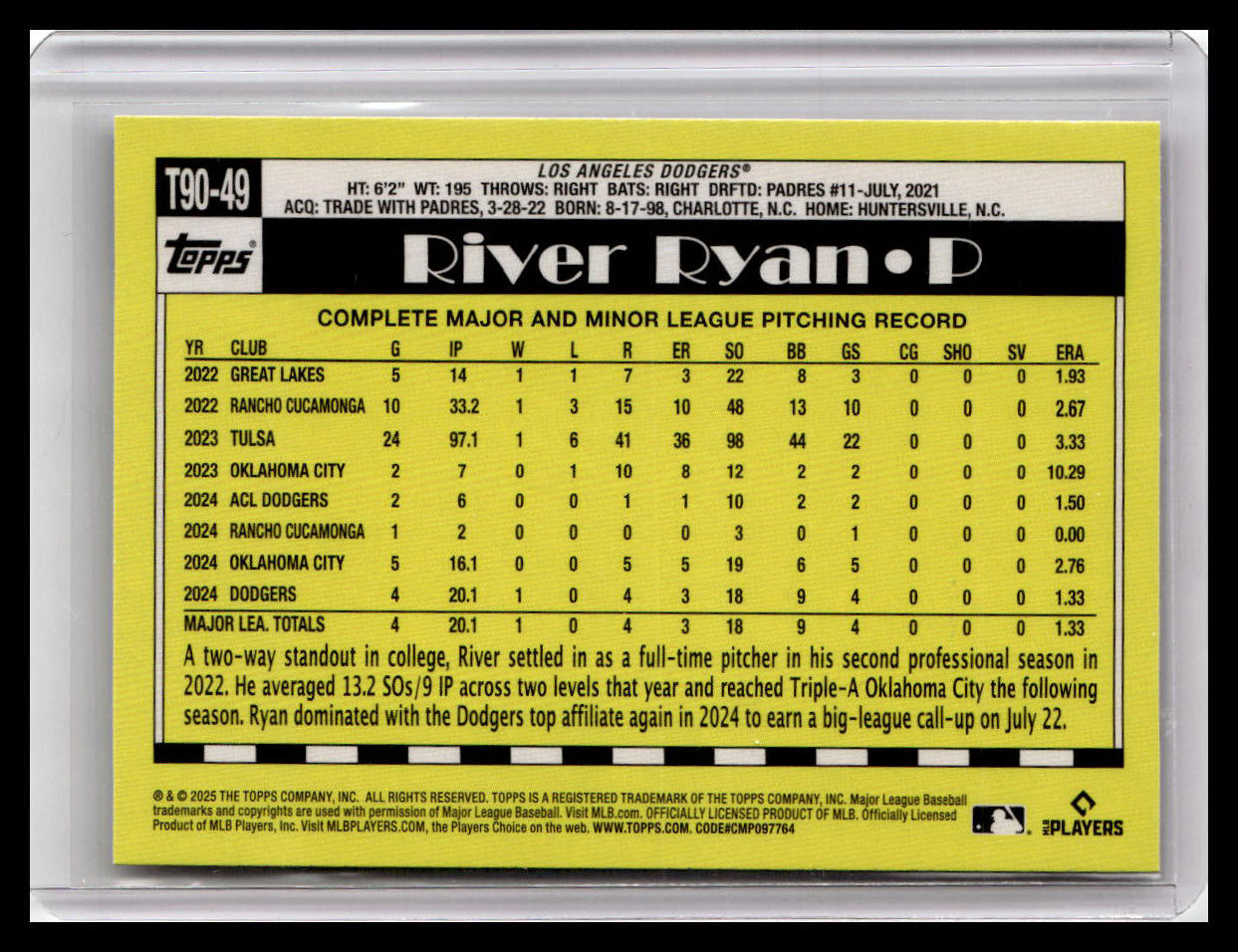 2025 Topps #T90-49 River Ryan 1990 Topps Baseball 35th Anniversary (Series 1)