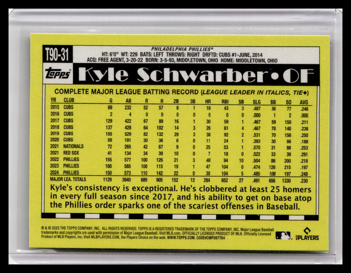 2025 Topps #T90-31 Kyle Schwarber 1990 Topps 35th Anniversary (Series 1)