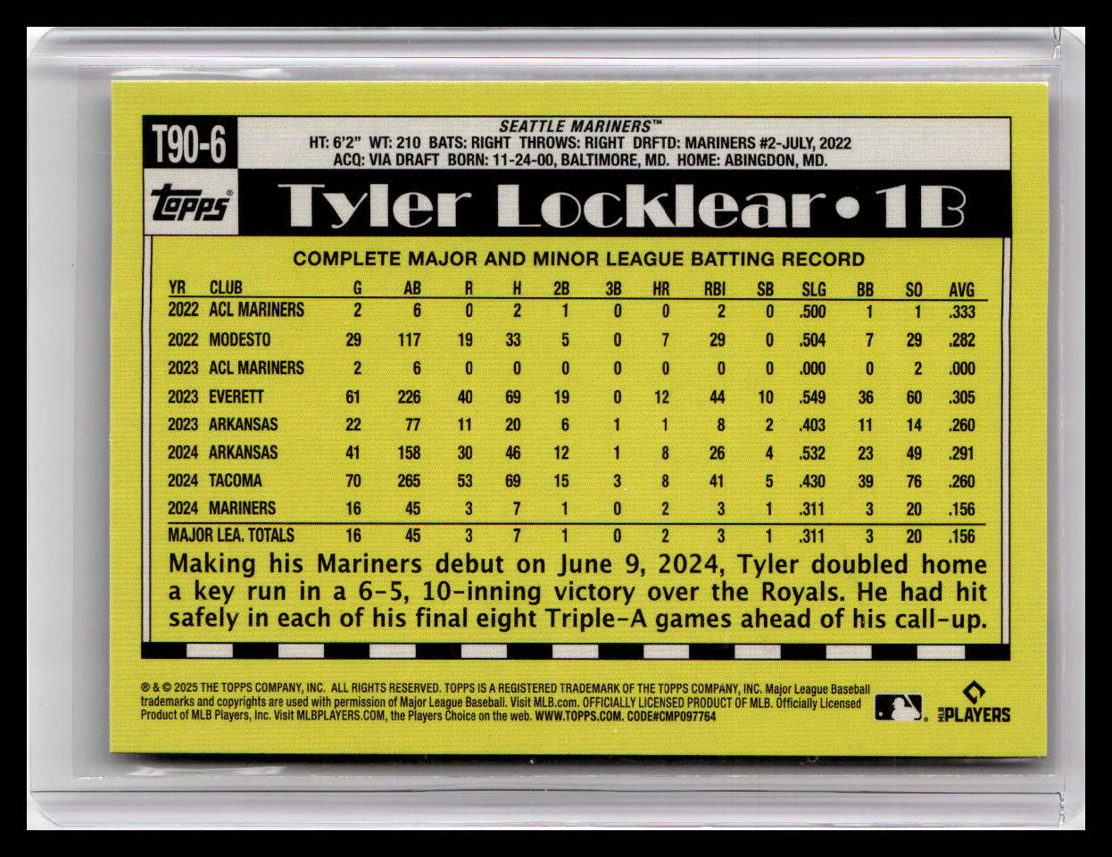 2025 Topps #T90-6 Tyler Locklear 1990 Topps 35th Anniversary (Series 1) 1