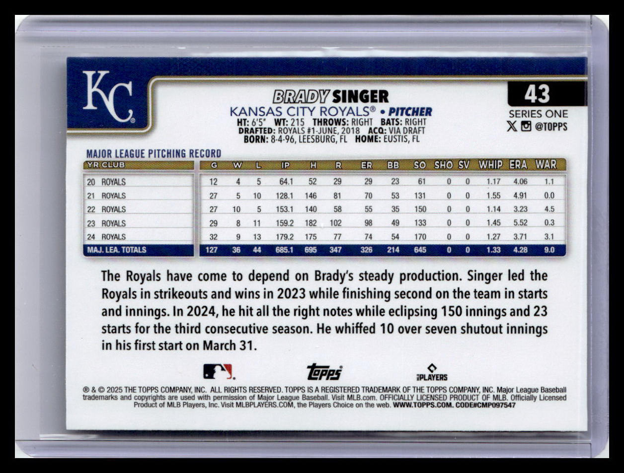 2025 Topps #43 Brady Singer Silver Crackle Foilboard