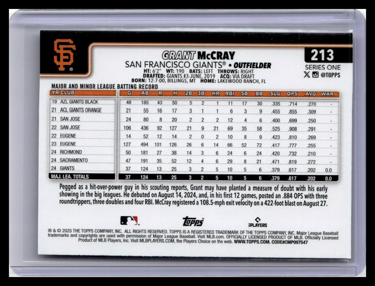 2025 Topps Chrome #116 Grant McCray (RC) Silver Crackle Foilboard