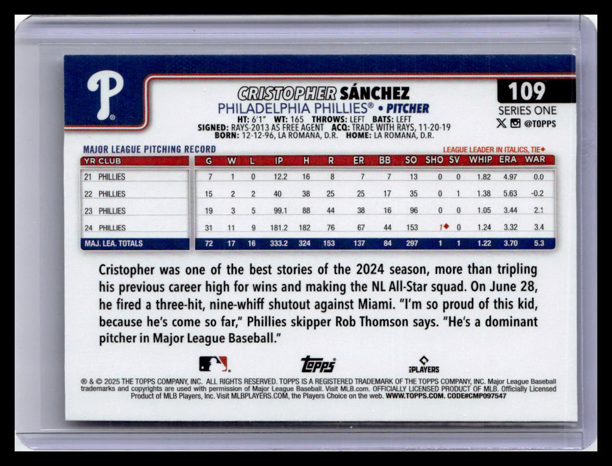 2025 Topps #109 Cristopher Sánchez Silver Crackle Foilboard