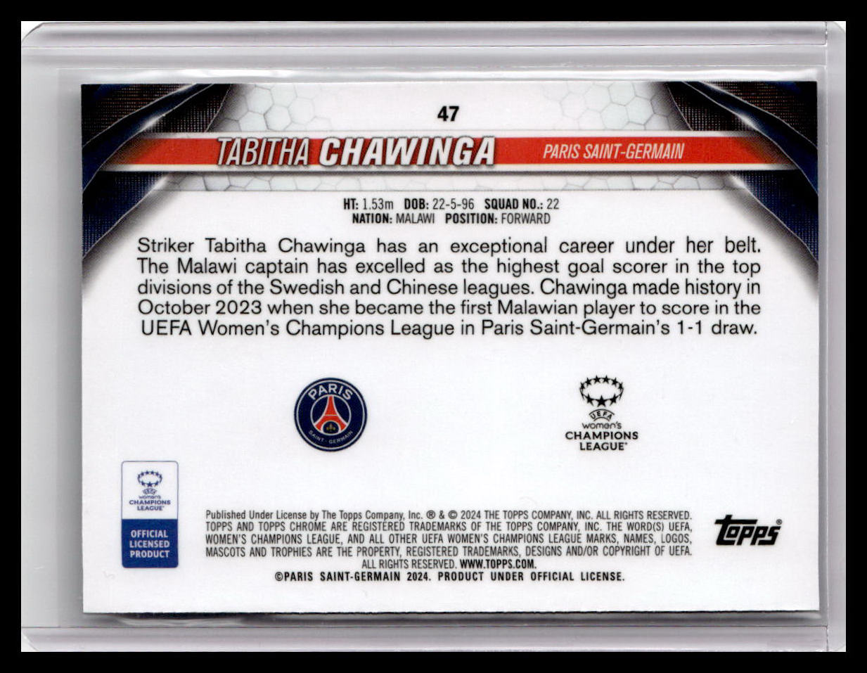 2023-24 Topps Chrome UEFA Women's Champions League #47 Tabitha Chawinga (RC)