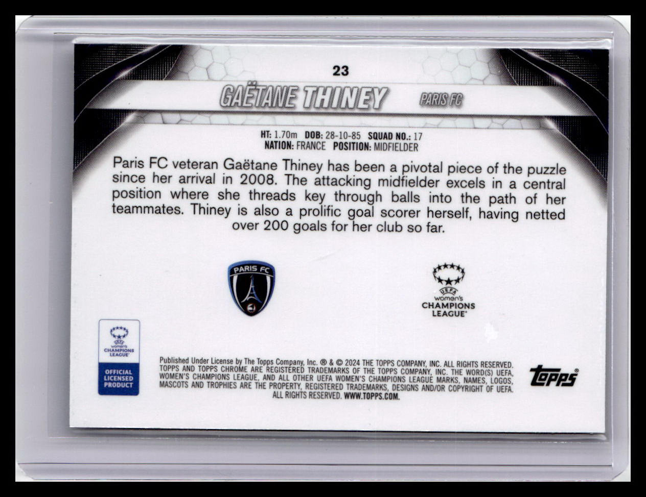 2023-24 Topps Chrome UEFA Women's Champ League #23 Gaëtane Thiney Aqua Prizm