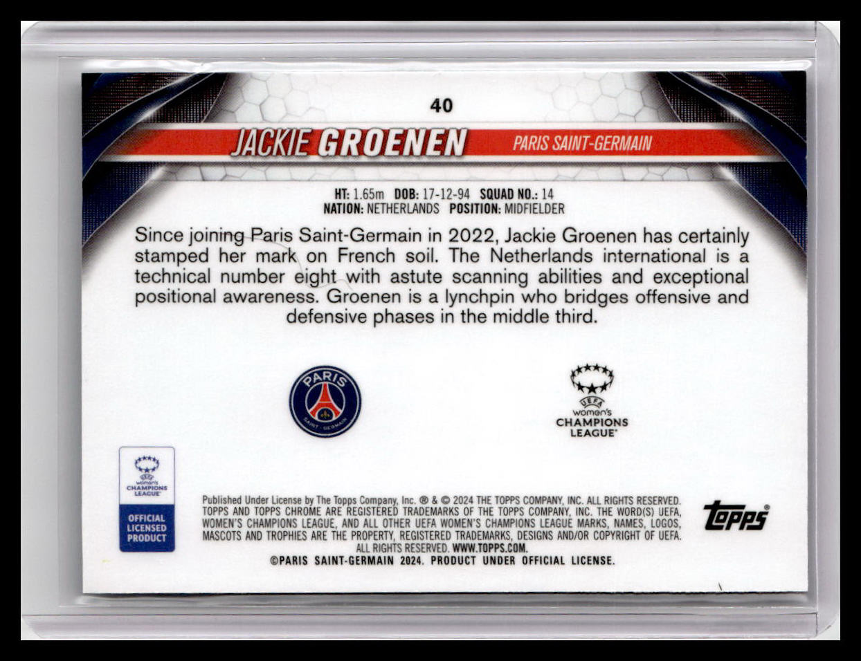 2023-24 Topps Chrome UEFA Women's Champions League #40 Jackie Groenen Aqua Prizm