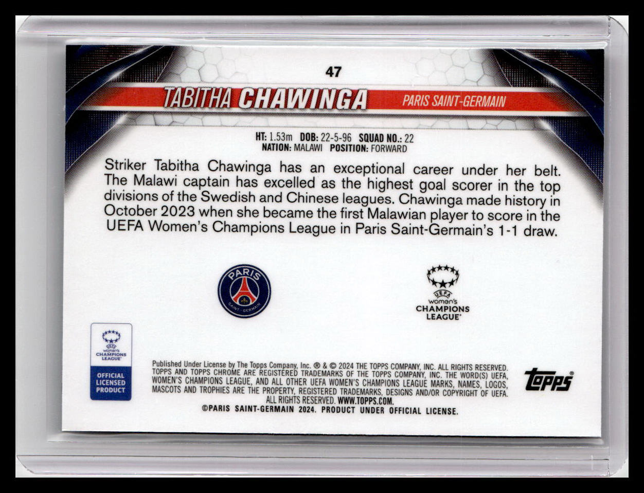 2023-24 Topps Chrome UEFA Women's League #47 Tabitha Chawinga (RC) Aqua Prizm