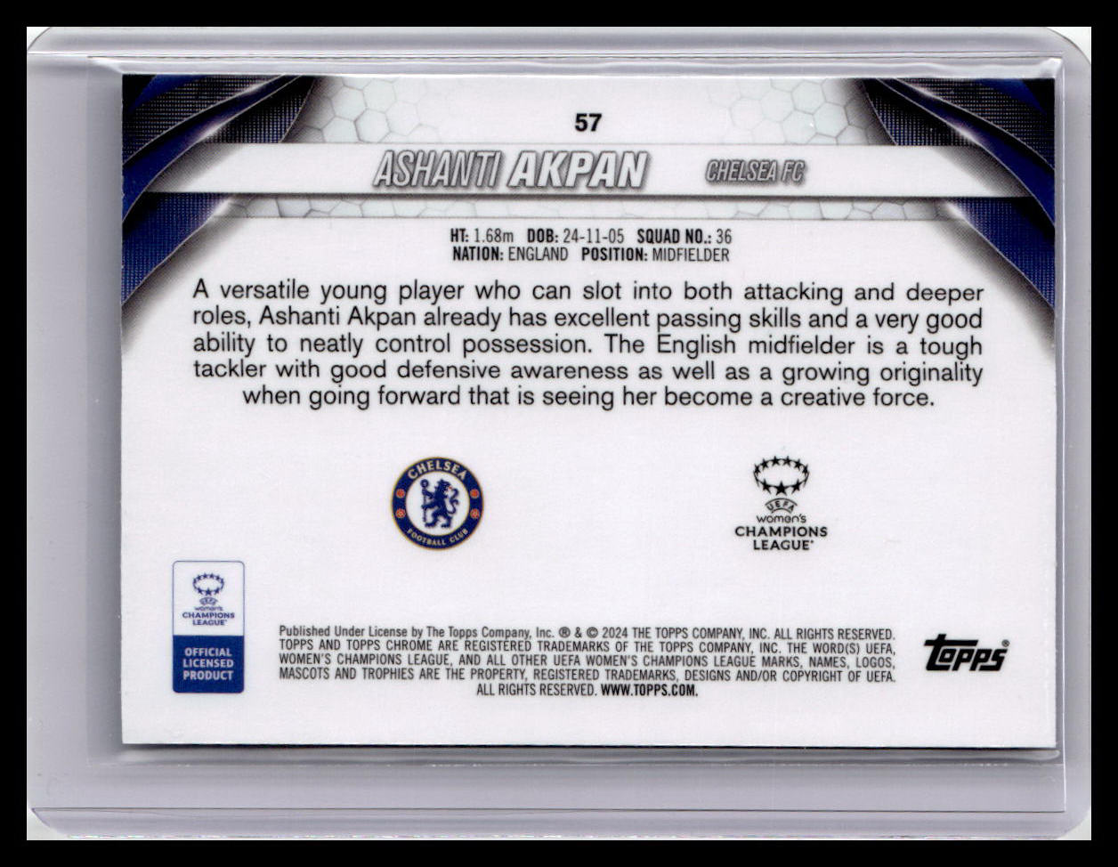 2023-24 Topps Chrome UEFA Women's Champ League #57 Ashanti Akpan (RC) Aqua Prizm