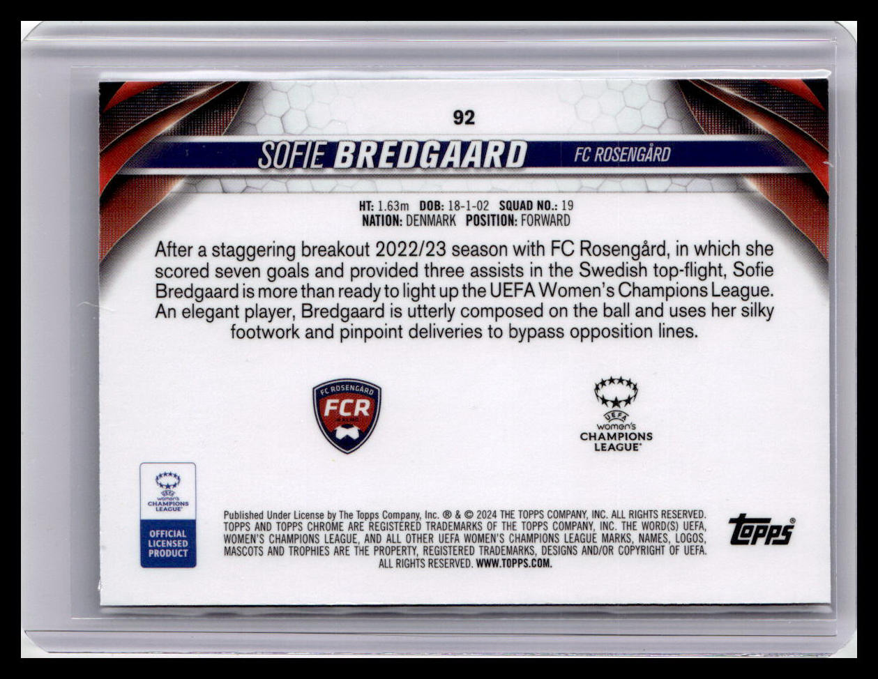 2023-24 Topps Chrome UEFA Women's League #92 Sofie Bredgaard (RC) Aqua Prism