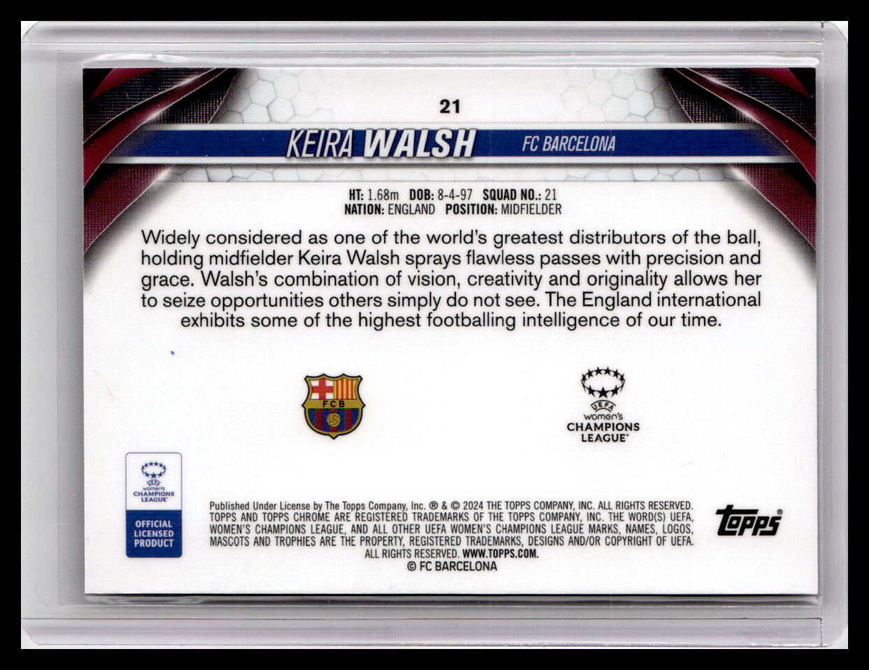 2023-24 Topps Chrome UEFA WCL #21 Keira Walsh Purple Pulsar