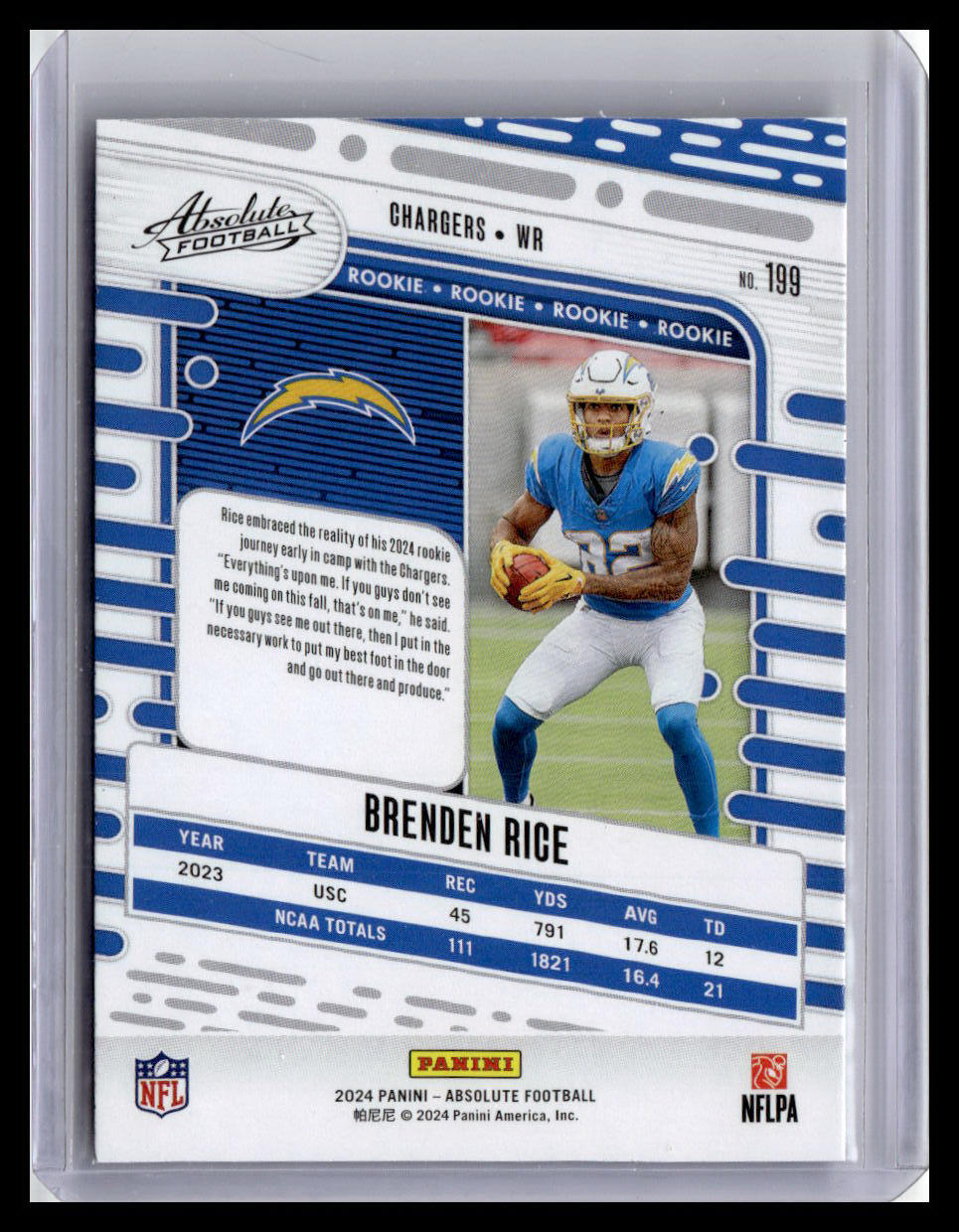 2024 Panini Absolute #199 Brenden Rice (RC) Red & Blue Foil