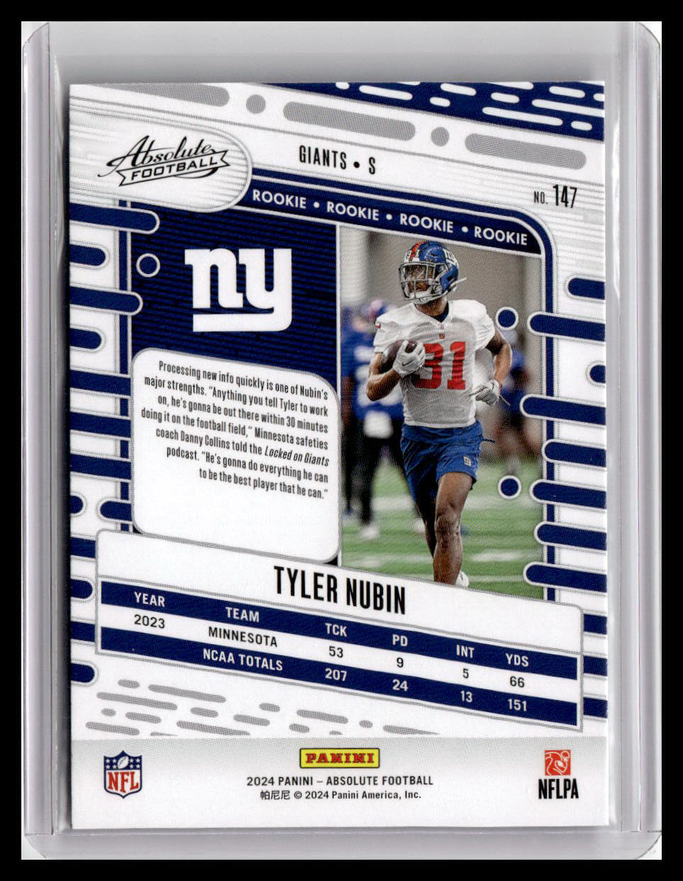 2024 Panini Absolute #147 Tyler Nubin (RC)