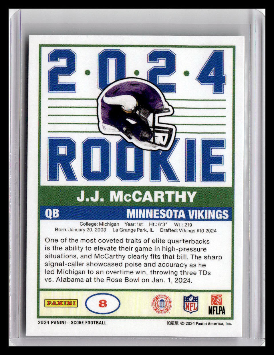2024 Score #8 J.J. McCarthy 35th Anniversary Rookies Dynamics