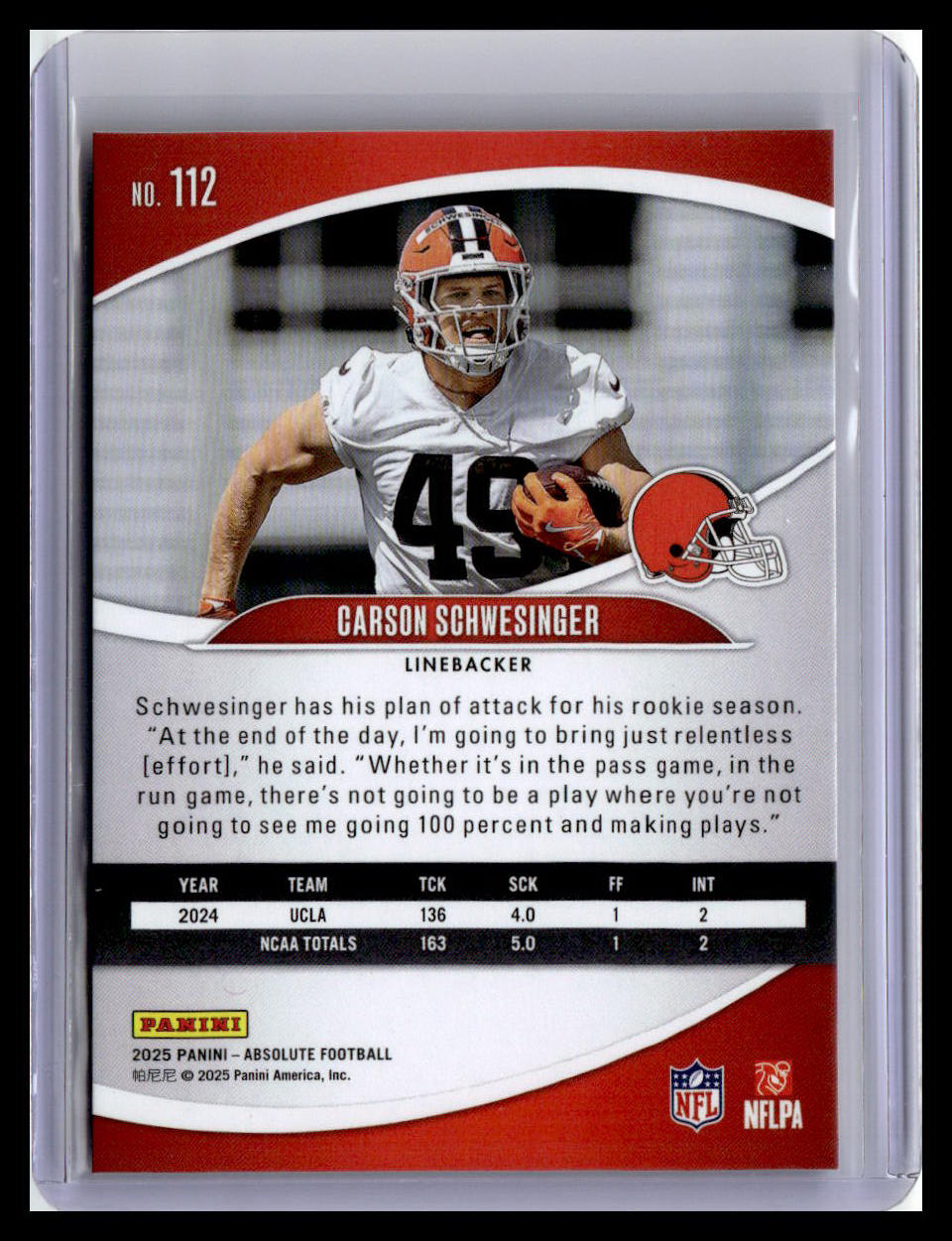 2025 Panini Absolute #112 Carson Schwesinger (RC) Red & Green