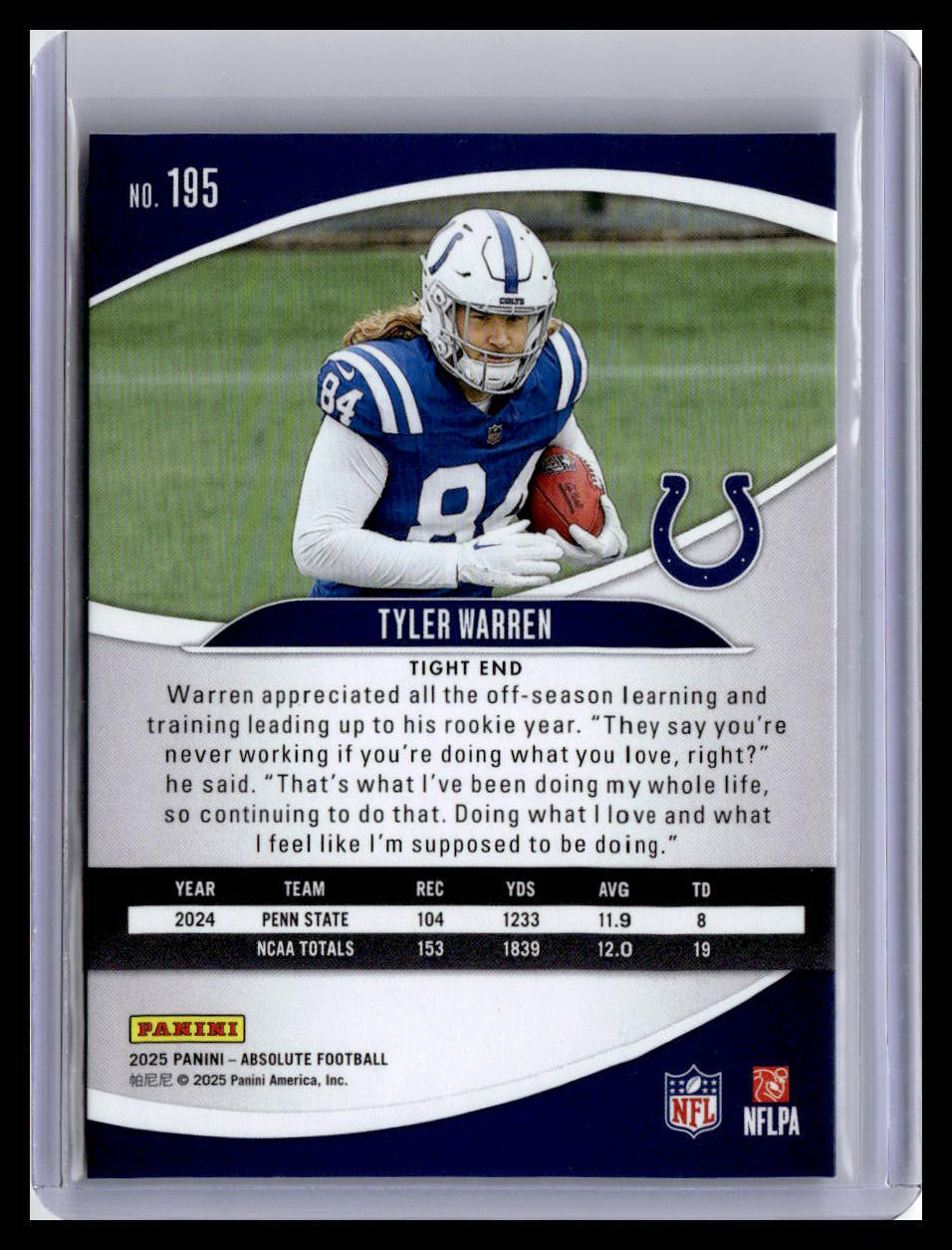 2025 Panini Absolute #195 Tyler Warren (RC) Red & Green