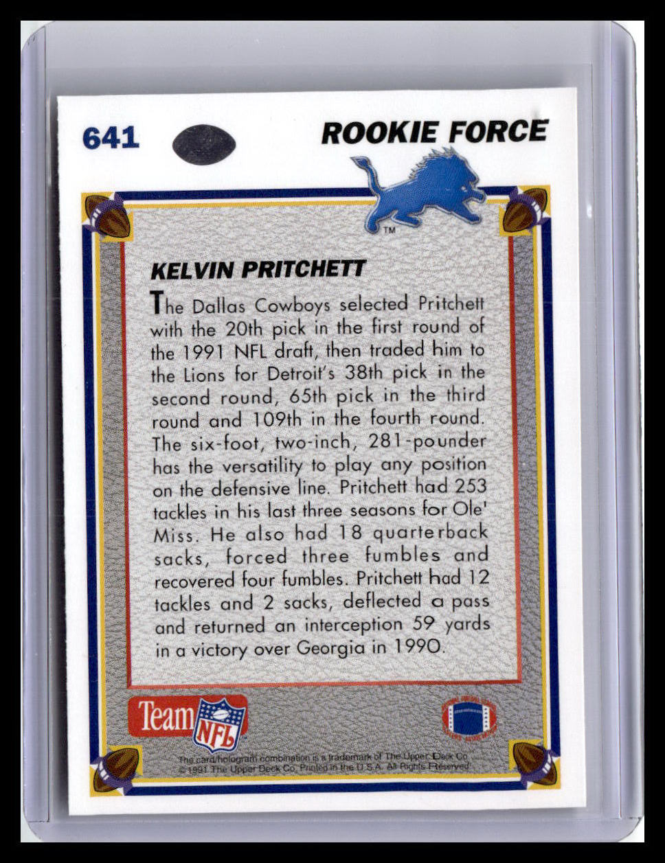 1991 Upper Deck #641 Kelvin Pritchett (RC)
