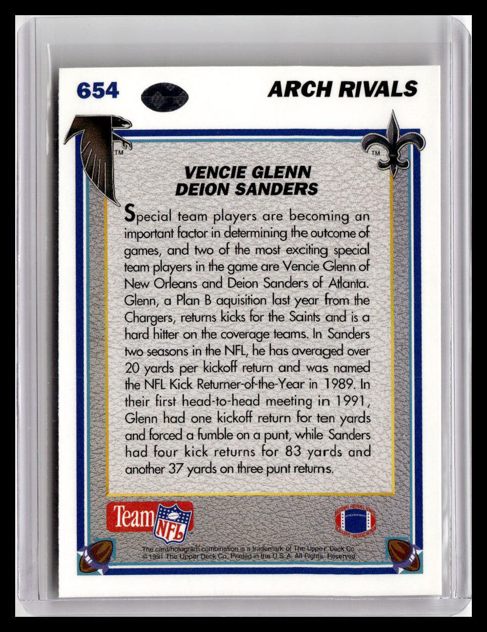 1991 Upper Deck #654 Deion Sanders / Vencie Glenn - Archrivals