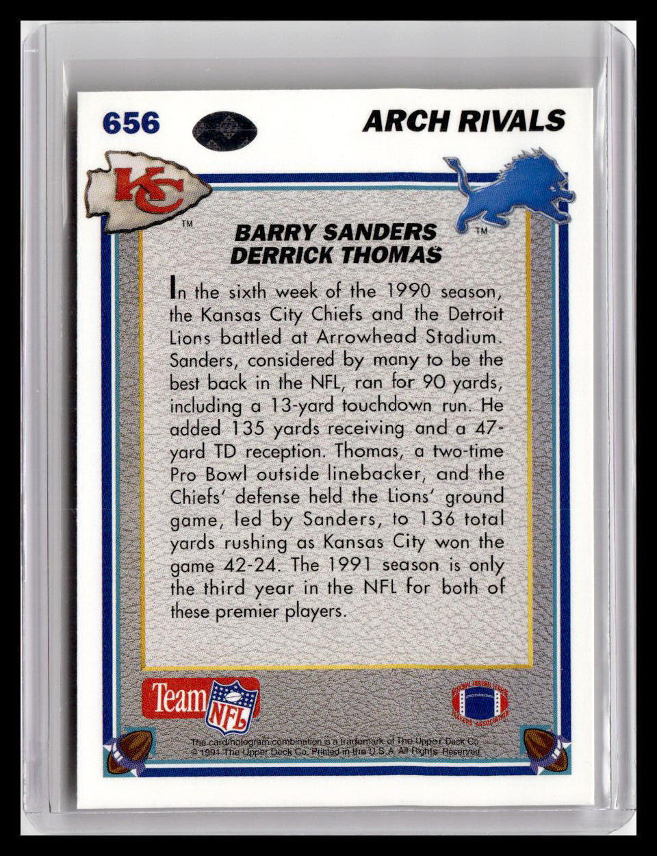 1991 Upper Deck #656 Barry Sanders / Derrick Thomas AR
