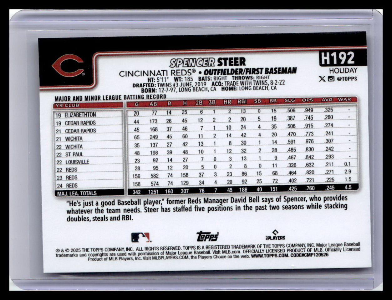 2025 Topps Holiday #H192 Spencer Steer