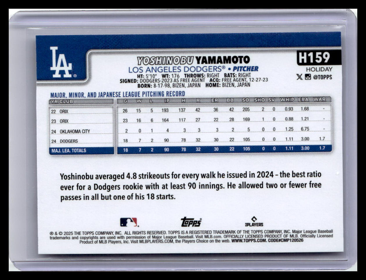 2025 Topps Holiday #H159 Yoshinobu Yamamoto
