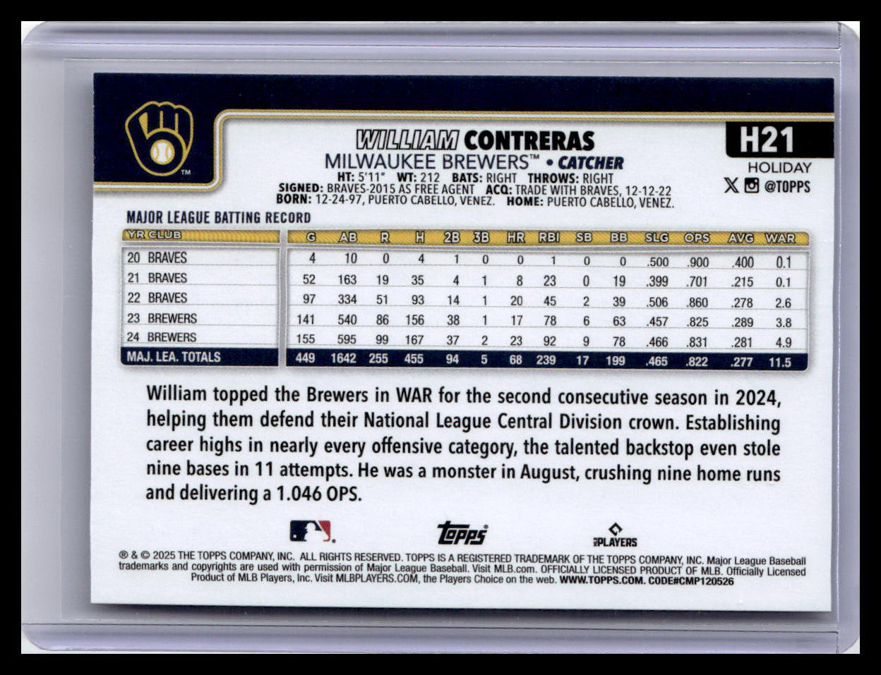 2025 Topps Holiday #H21 William Contreras