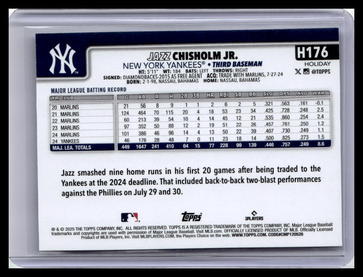 2025 Topps Holiday #H176 Jazz Chisholm Jr.
