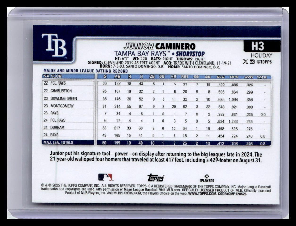 2025 Topps Holiday #H3 Junior Caminero