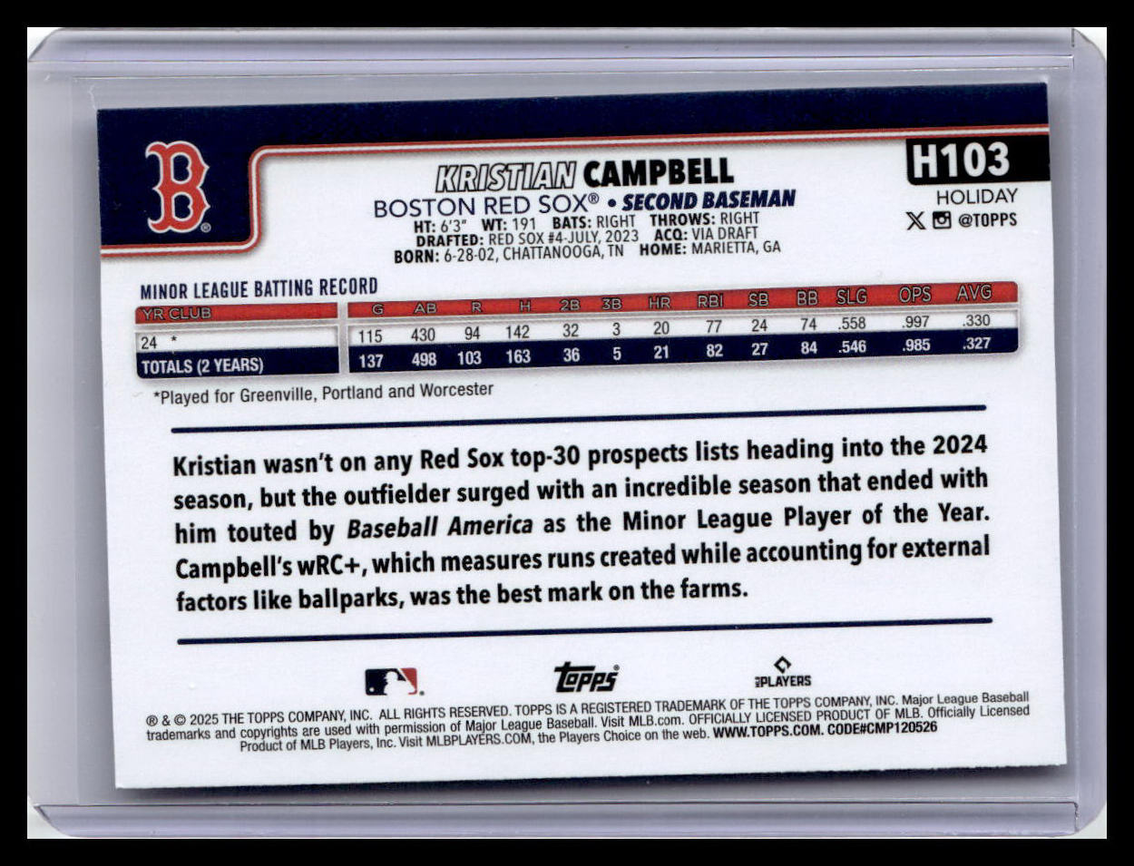 2025 Topps Holiday #H103 Kristian Campbell (RC)