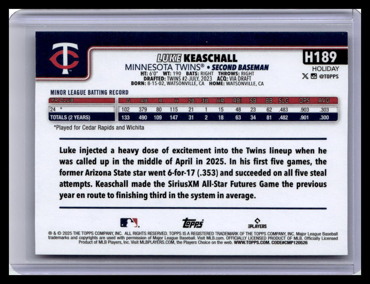 2025 Topps Holiday #H189 Luke Keaschall (RC)