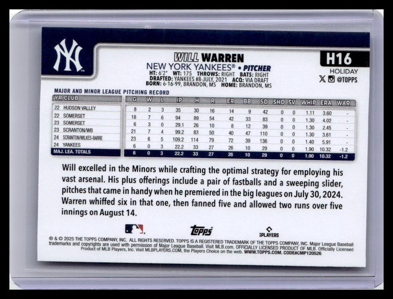2025 Topps Holiday #H16 Will Warren (RC)