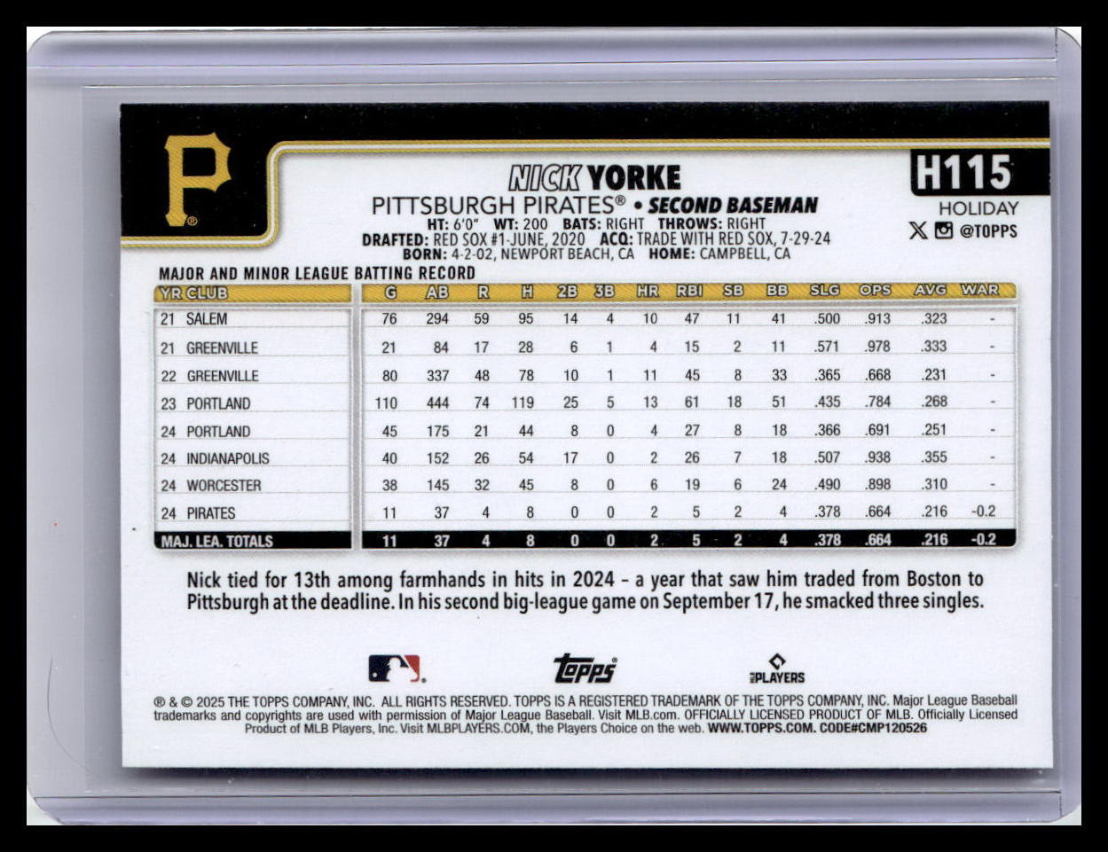 2025 Topps Holiday #H115 Nick Yorke (RC)