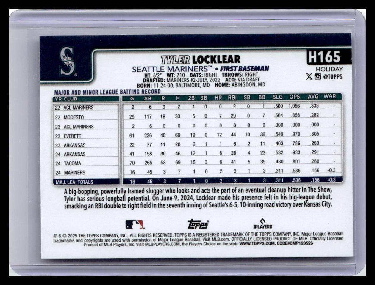 2025 Topps Holiday #H165 Tyler Locklear (RC)