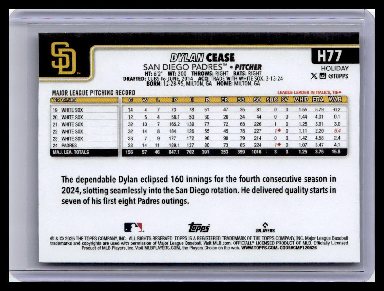 2025 Topps Holiday #H77 Dylan Cease Silver Glitter Holiday