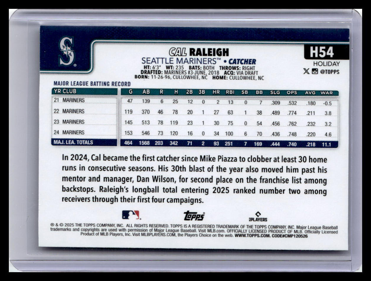2025 Topps Holiday #H54 Cal Raleigh Silver Glitter Holiday