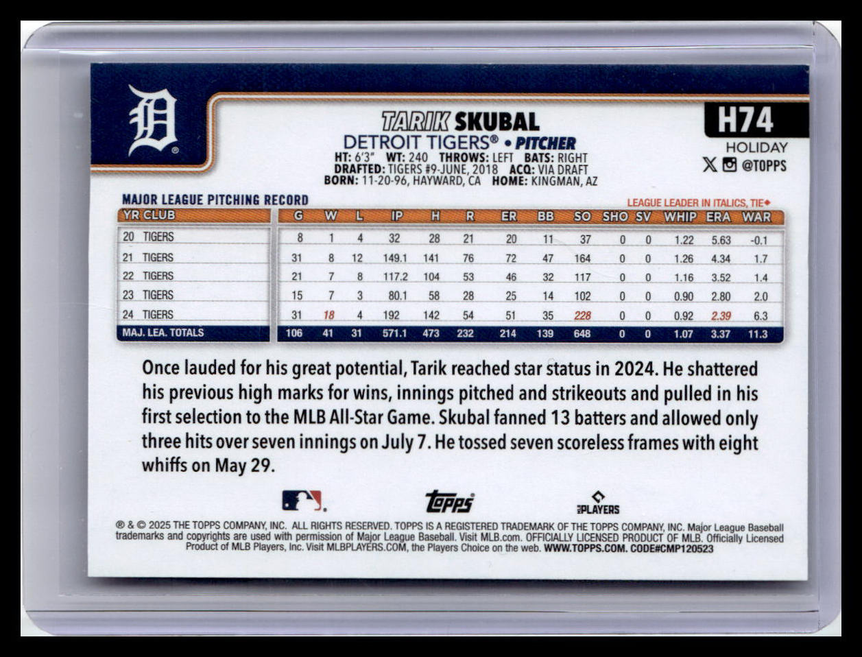 2025 Topps Holiday #H74b Tarik Skubal Santa Hat Variation