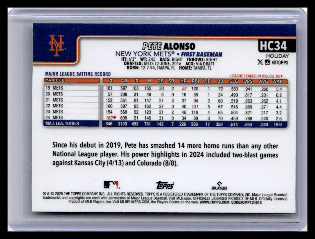2025 Topps Holiday #HC34 Pete Alonso Chrome #/499