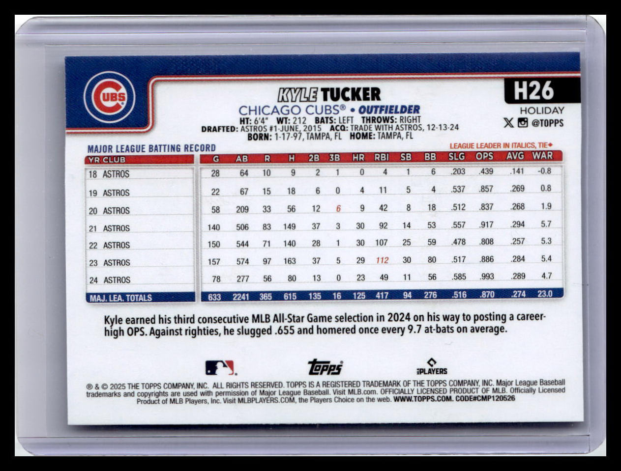 2025 Topps Holiday #H26 Kyle Tucker Light Blue & White Glitter