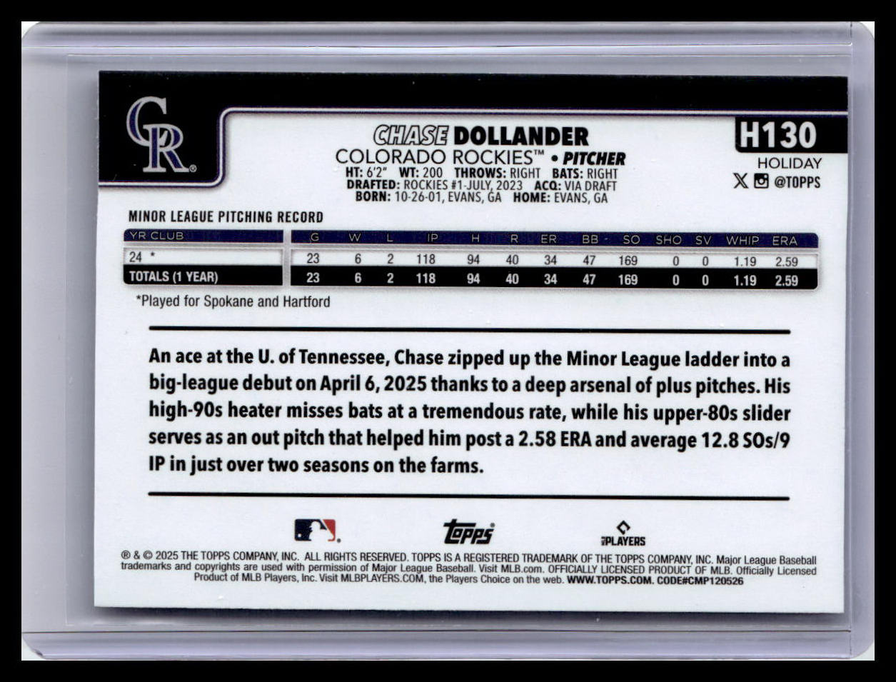 2025 Topps Holiday #H130 Chase Dollander (RC) Light Blue & White Glitter