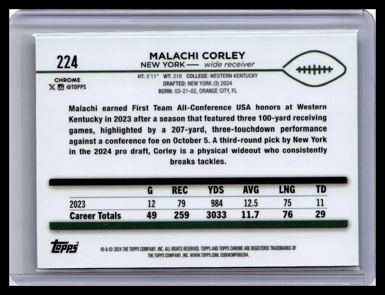2024 Topps Chrome #224 Malachi Corley