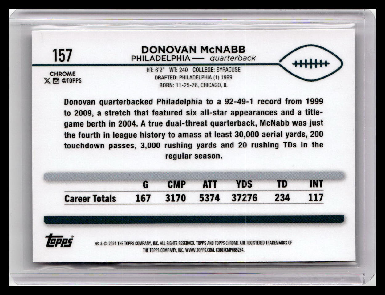 2024 Topps Chrome #157 Donovan McNabb Pink Refractor