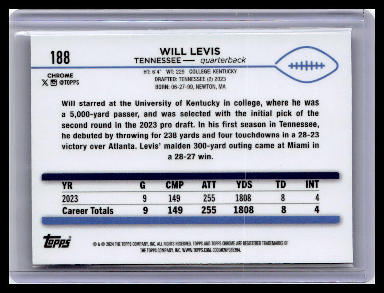 2024 Topps Chrome #188 Will Levis Pink Refractor