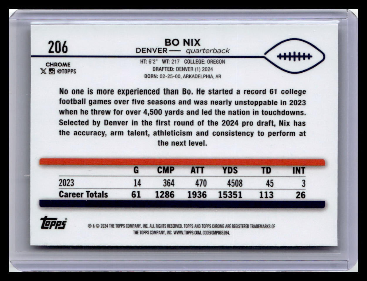 2024 Topps Chrome #206 Bo Nix Sepia Refractor