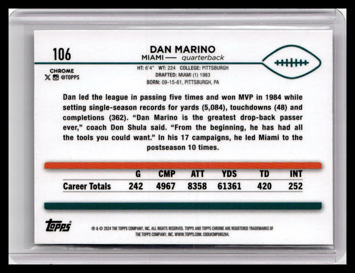 2024 Topps Chrome #106 Dan Marino Sepia Refractor