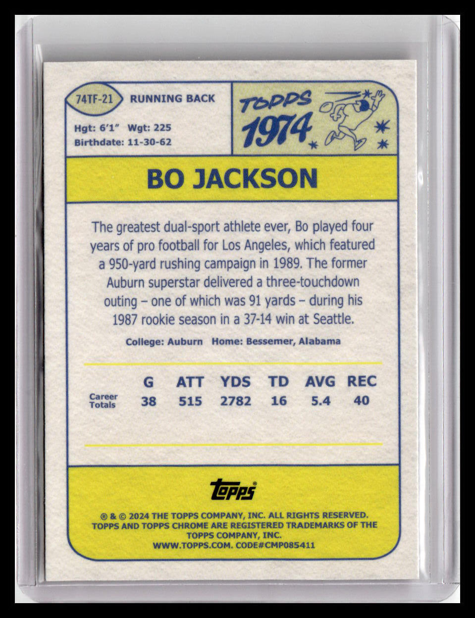 2024 Topps Chrome #74TF-21 Bo Jackson 1974 Topps Football Pink Refractor