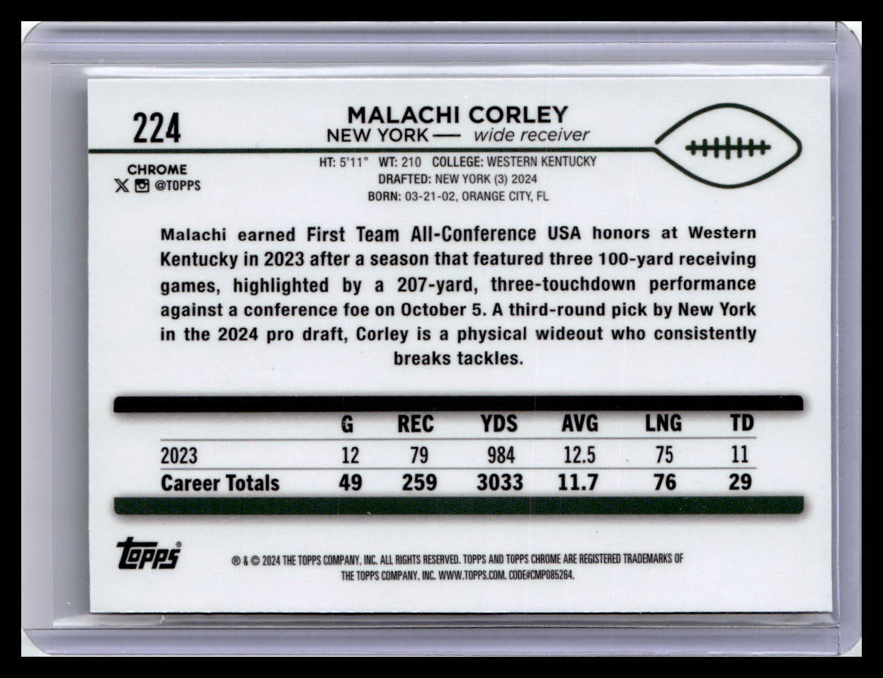 2024 Topps Chrome #224 Malachi Corley X-Fractor