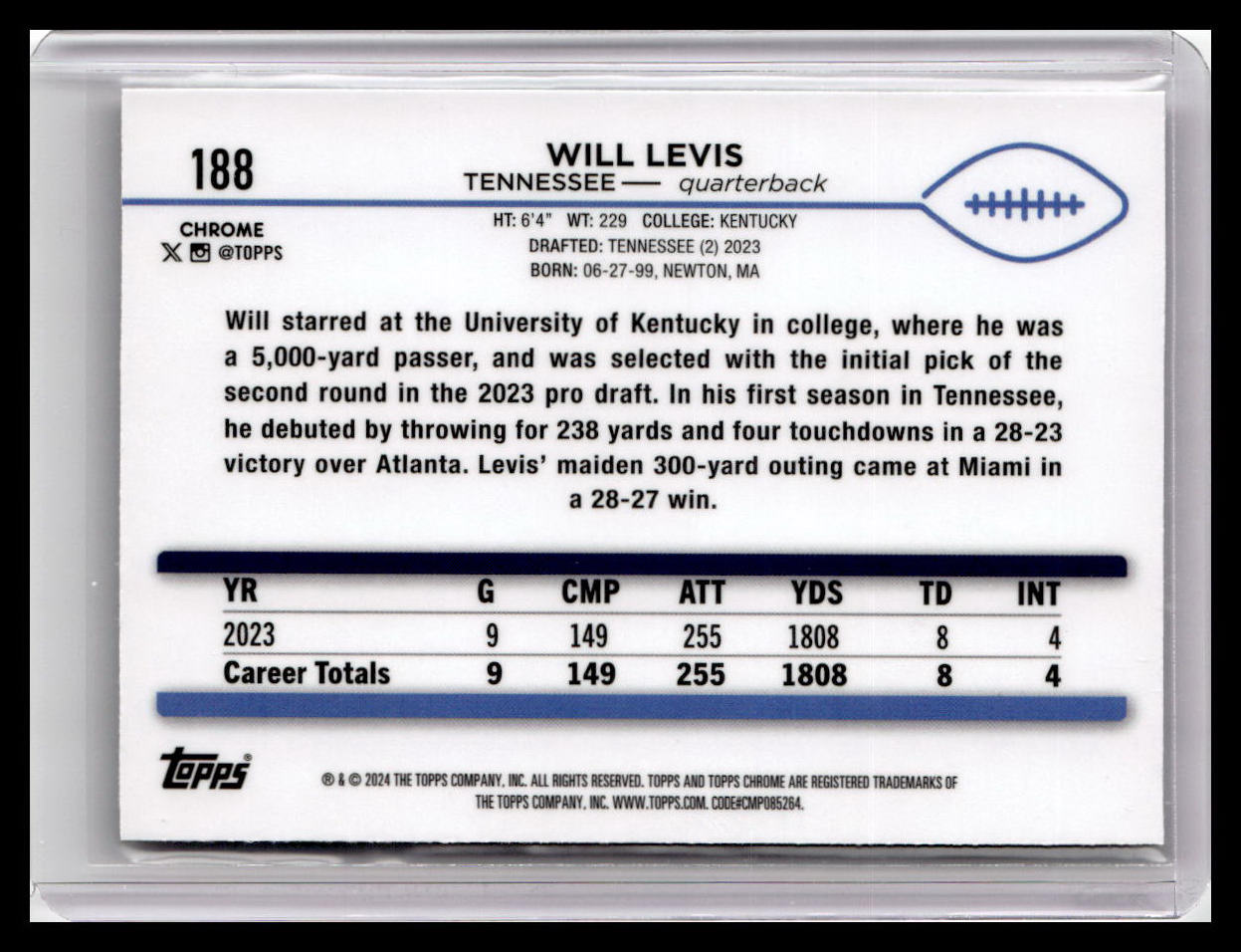 2024 Topps Chrome #188 Will Levis X-Fractor