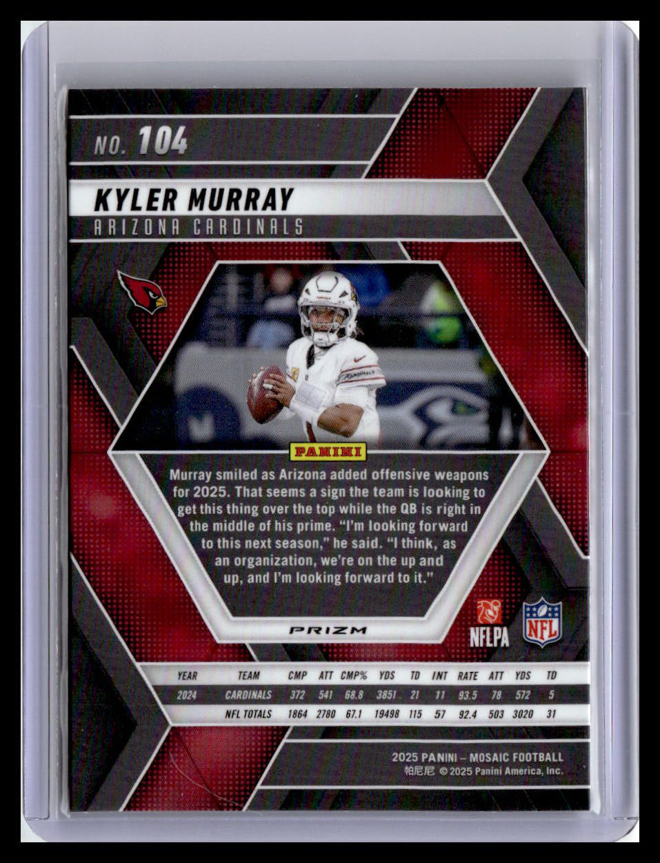 2025 Panini Mosaic #104 Kyler Murray Mosaic Reactive Purple