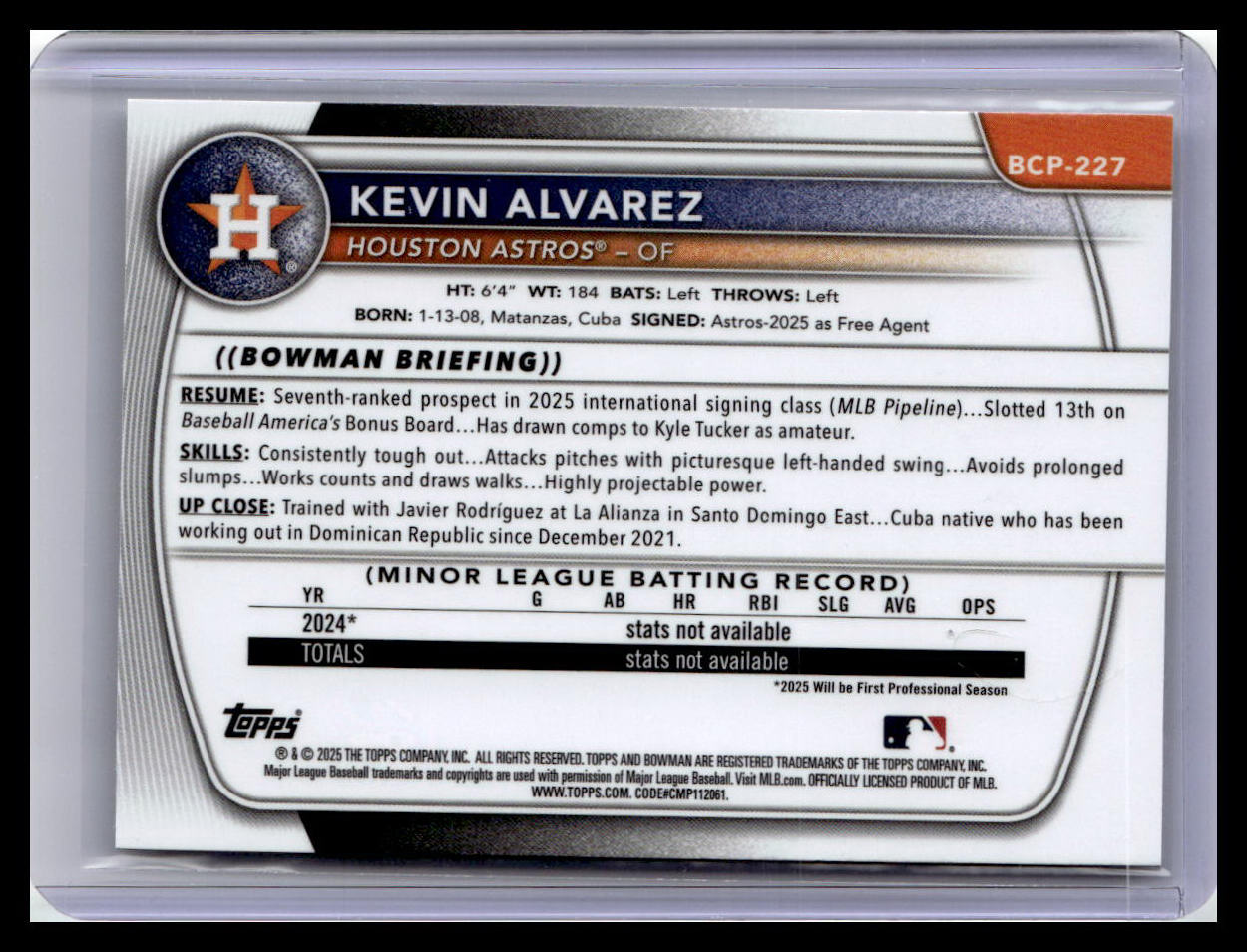 2025 Bowman Chrome #BCP-227 Kevin Alvarez 1st Bowman 1