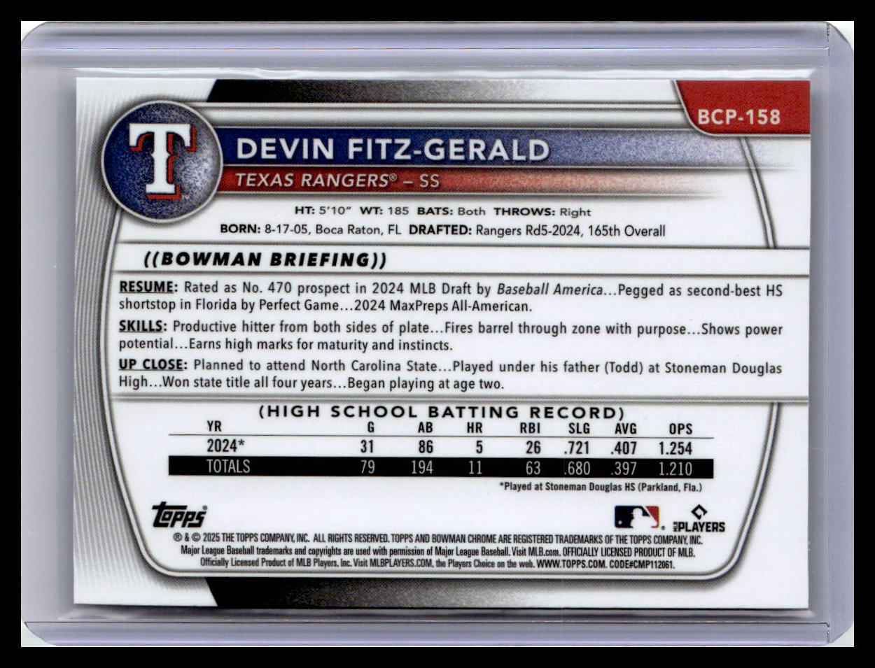 2025 Bowman Chrome #BCP-158 Devin Fitz-Gerald 1st Bwman