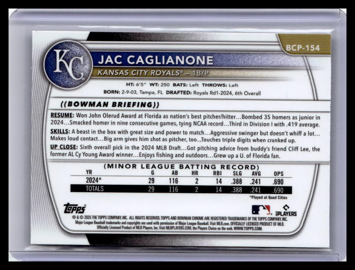 2025 Bowman Chrome #BCP-154 Jac Caglianone Prospects Mojo