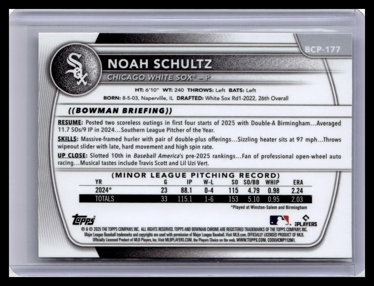 2025 Bowman Chrome #BCP-177 Noah Schultz Prospects